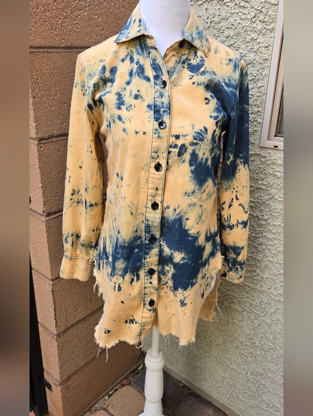 Thrill Tie-Dye Button-Up Shirt Dress in Yellow and Navy